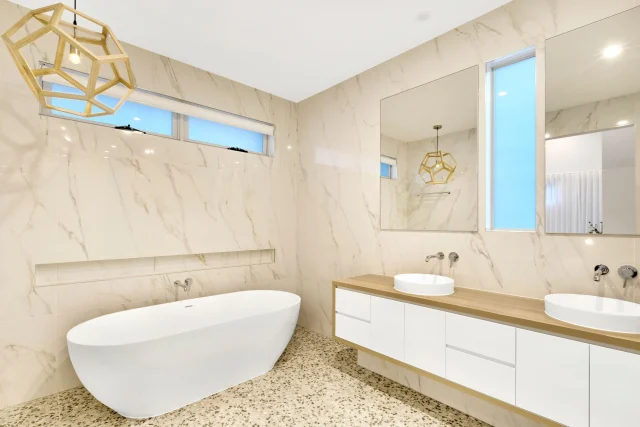 Contemporary family bathroom renovation designed by Three Stems Brisbane